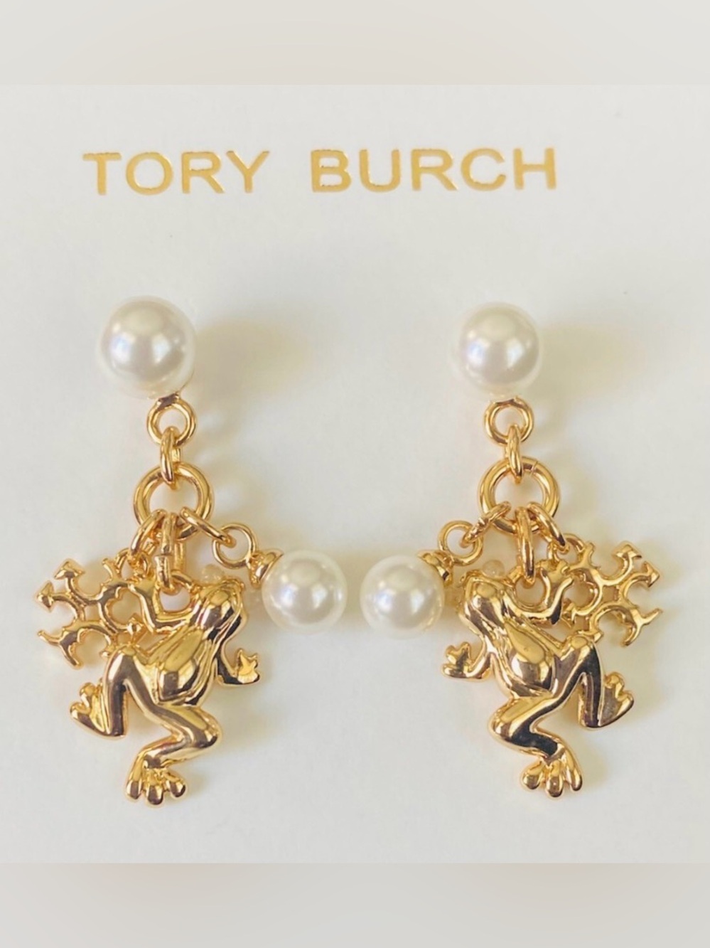 Tory Burch Gold Kira Frog Charm Faux Pearl Drop Dangle Earrings NWT 1”